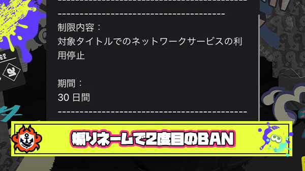 【末期】味方煽りネームで2度目のBANされたイカ「これでしばらくスプラから離れられる」