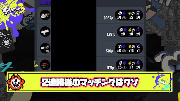 2連勝後のマッチングで雑魚すぎるクソ味方が紛れ込むとかいう絶対に抗えないスプラ界の掟