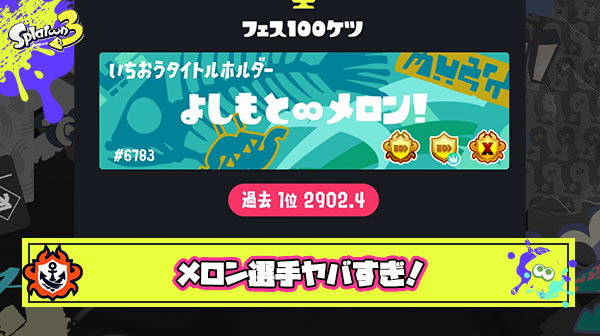 【さすが…】スプラの怪物メロン選手、グランドフェスでもしっかり結果を出し100傑1位で優勝